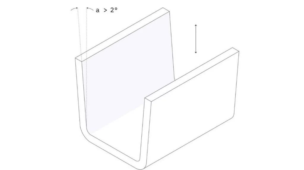 An illustration showing draft angle in mold design with a 2° angle. It demonstrates how the slight angle helps parts release easily from the mold