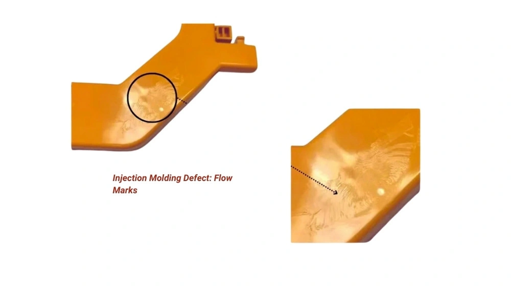 An image showcases irregular wavy patterns on the part's surface caused by inconsistent material flow