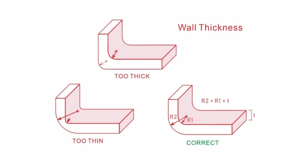 An image illustrating injection molding wall thickness. It demonstrates the correct thickness alongside examples of too thick and thin walls.