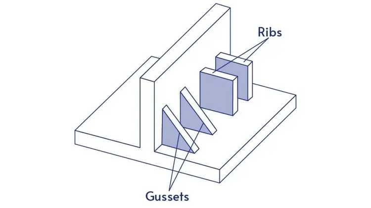 An illustration demonstrating injection molding with ribs and gussets to strengthen the part