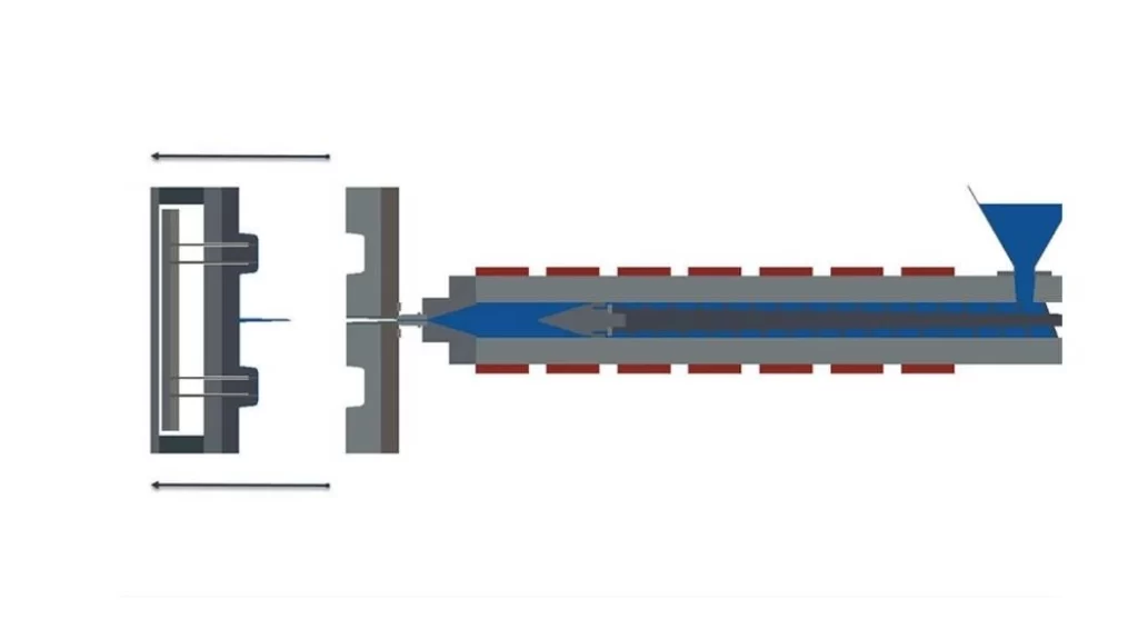 The image depicts the separation of mold halves after injection, allowing the formed part to be released