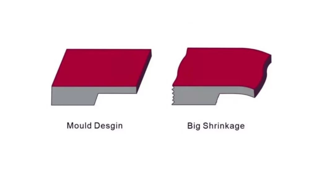 An image of a molded part comparing the original mold design with the final shrunken part.