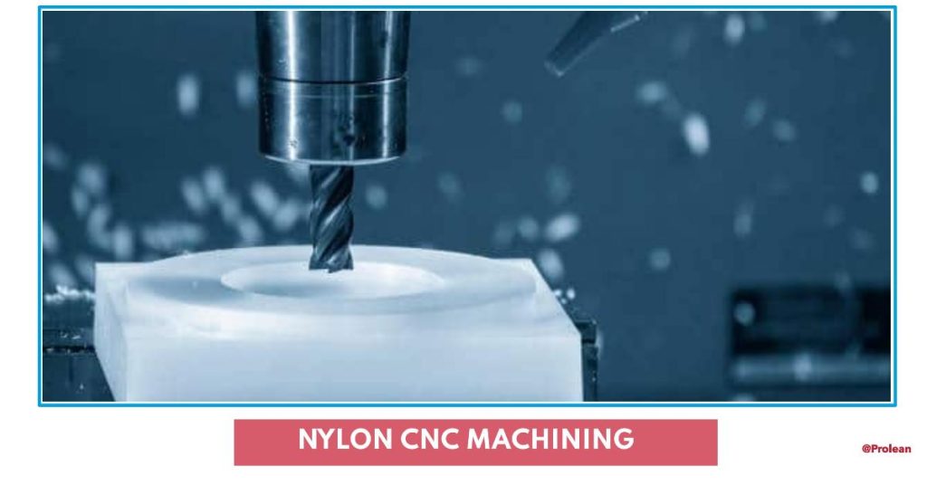 An end mill removing the material from nylon workpiece, below text” NYLON CNC MACHINING”