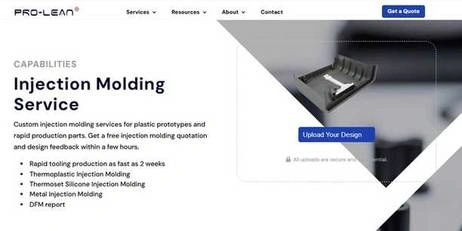 An illustration showcasing Prolean Tech's injection molding services. It highlights their expertise in metal injection molding, rapid tooling, and free design for manufacturability (DFM) analysis