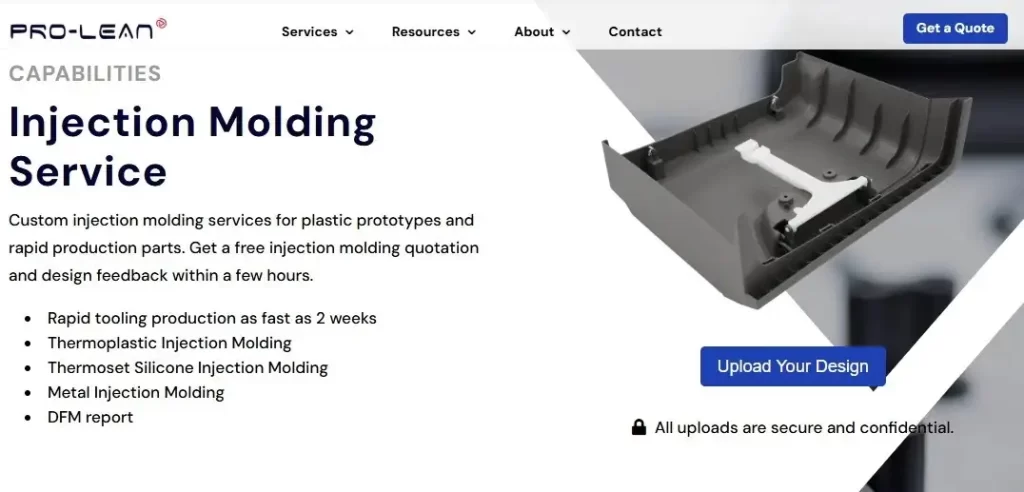 An image showcasing Prolean Tech’s Injection Molding Services. It highlights capabilities and various material options alongside Free DFM analysis and rapid tooling within 2 days for efficient production