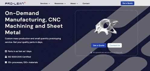 An Image showcasing Prolean Tech’s on-demand CNC machining service. It displays processes, certifications, and fast lead times capabilities.