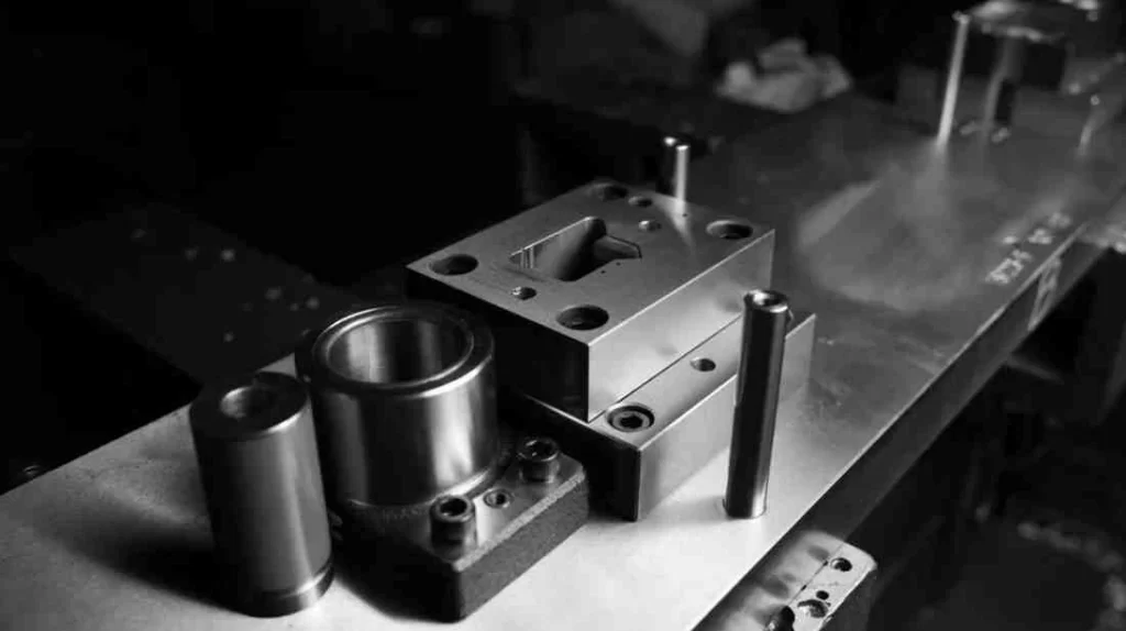 An image of sheet metal tooling setup. It displays tools and dies positioned for shaping and cutting metal sheets