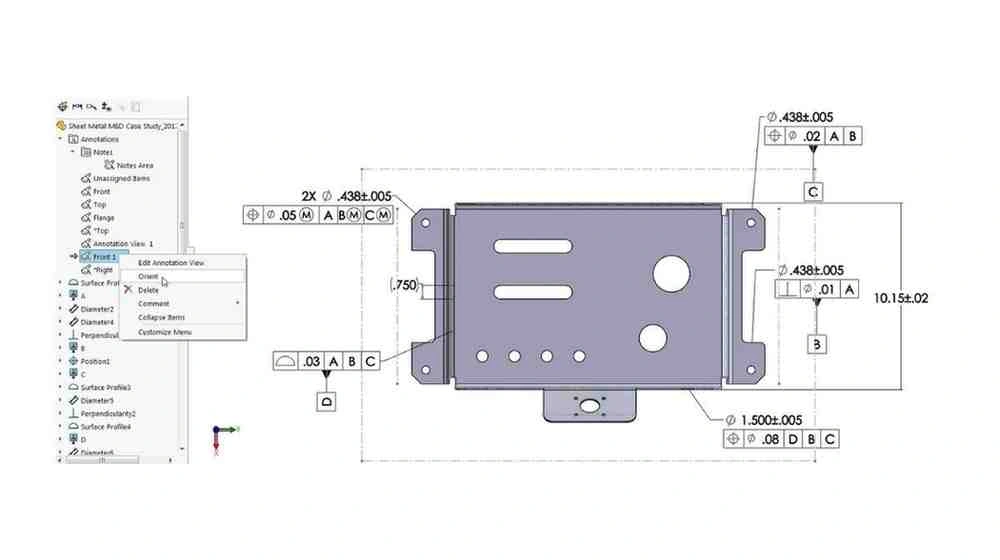 An image of a sheet metal part displayed in SOLIDWORKS. It showcases the size distribution with highlighted dimensions and measurement data.