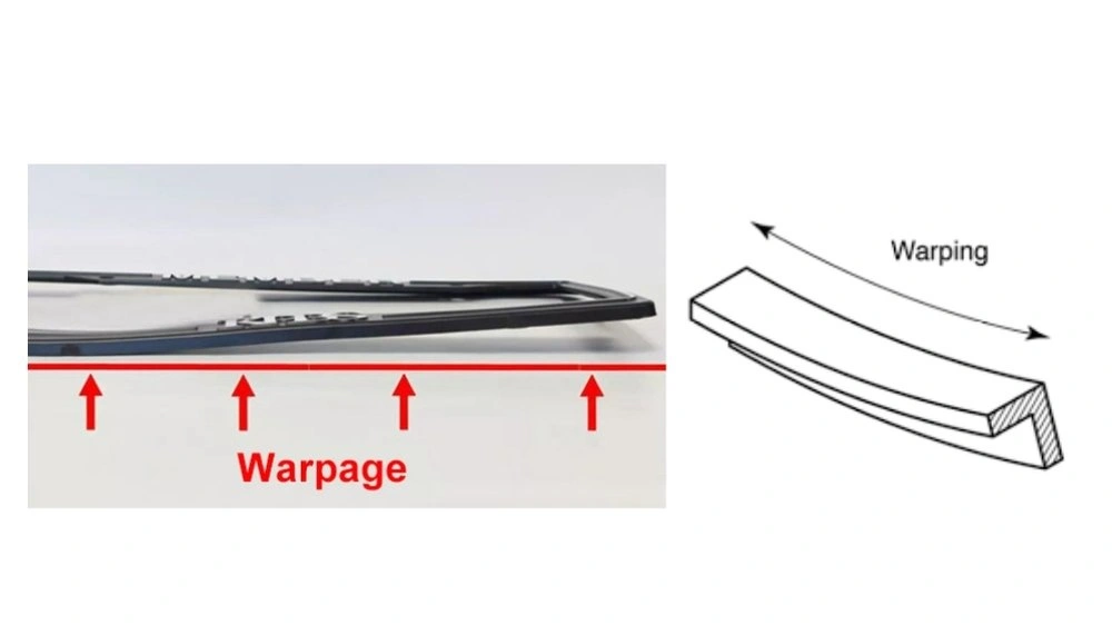 An image of an illustration alongside a real-time depiction of warping in an injection molded part