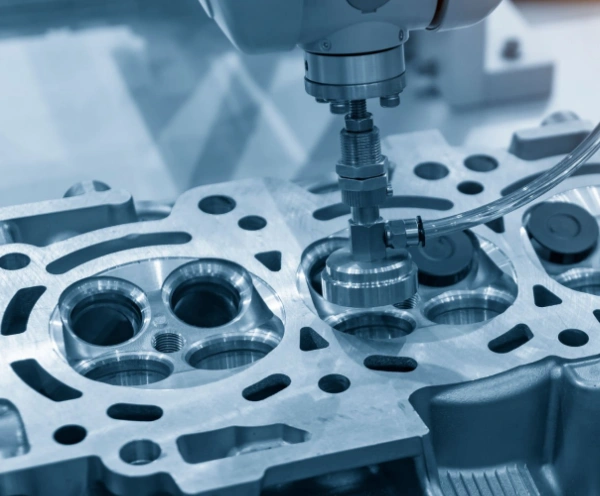 A boring machine finishing a hole in a cylinder head