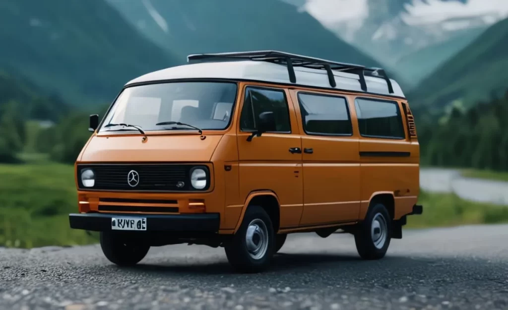 A classic orange and white camper van with a roof rack packed on a countryside road