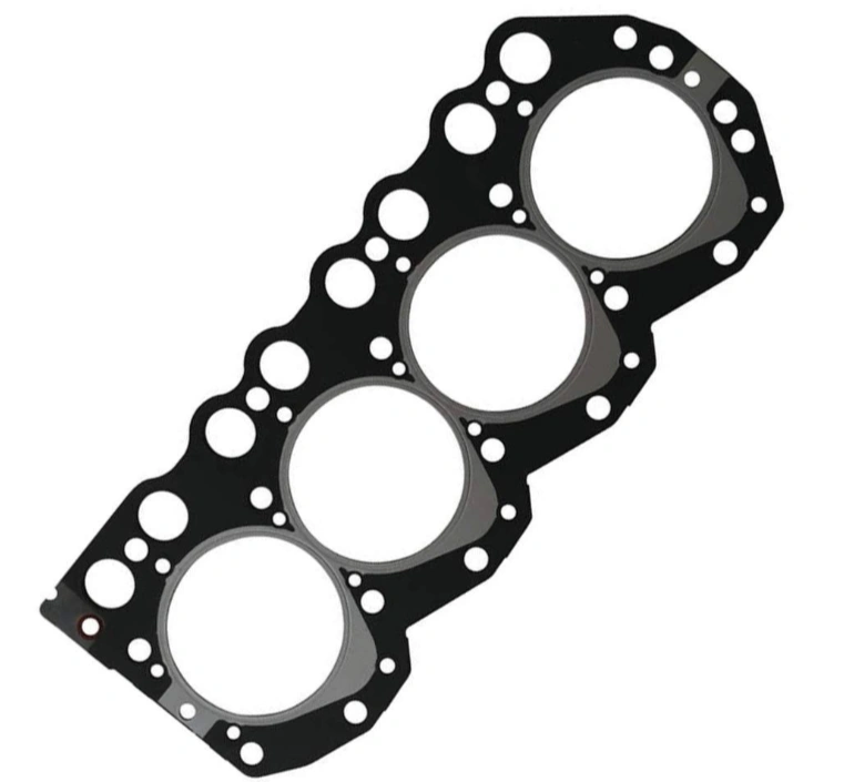 A black multi-layer steel cylinder head gasket with four large circular openings