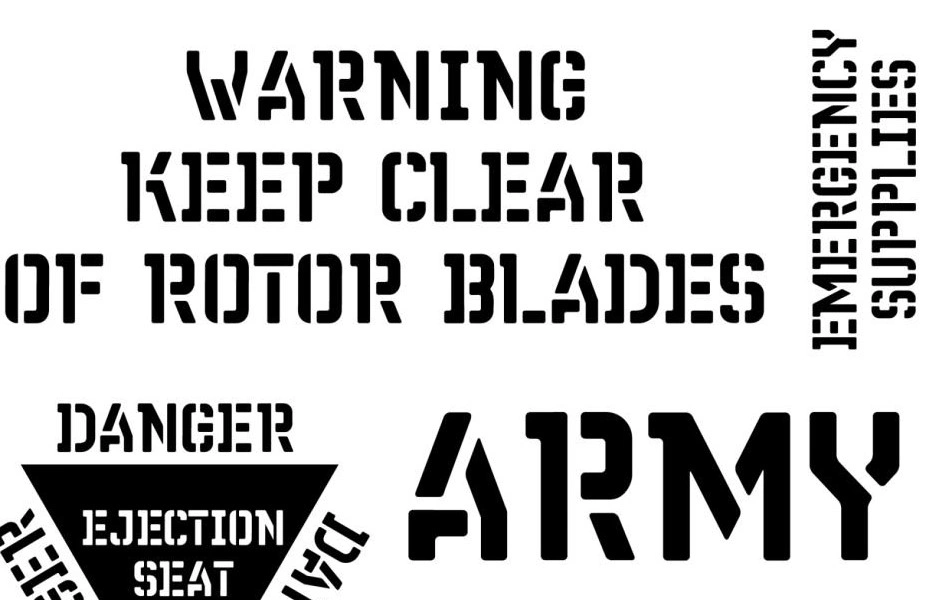 An image showcasing a stencil with text designs for military stencil applications