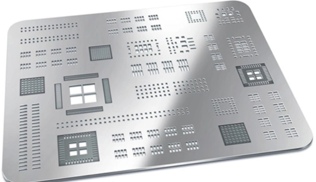 An image of a laser-cut metal stencil for PCB in electronics