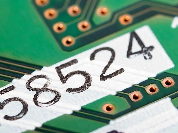 A close-up image of a PCB with markings from a stencil