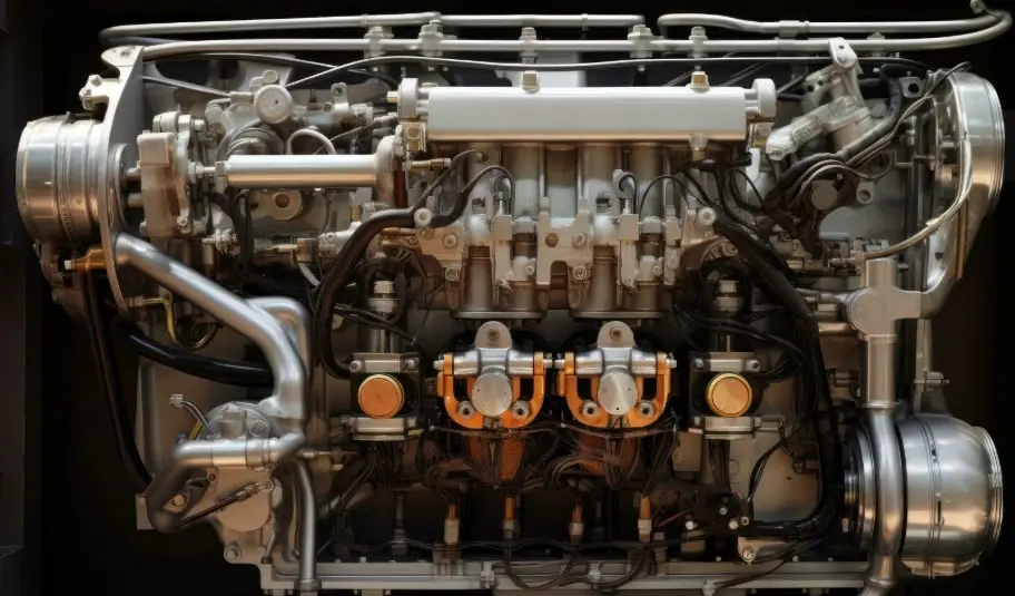 A close-up view of a vintage car engine with intricate mechanical components