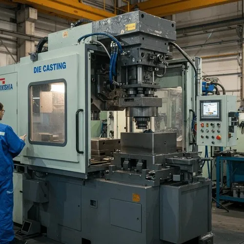 The industrial die-casting machine showcases the complex manufacturing process and equipment.