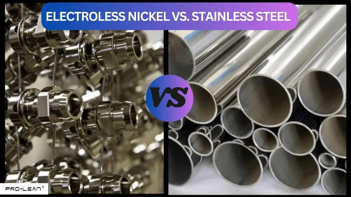 Close-up of shiny metal parts hanging, focusing on "Electroless Nickel Vs. Stainless Steel"