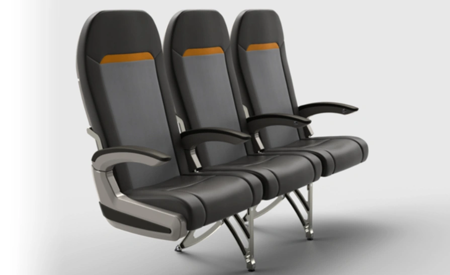 A set of three aircraft seats showing sections made from boron carbide