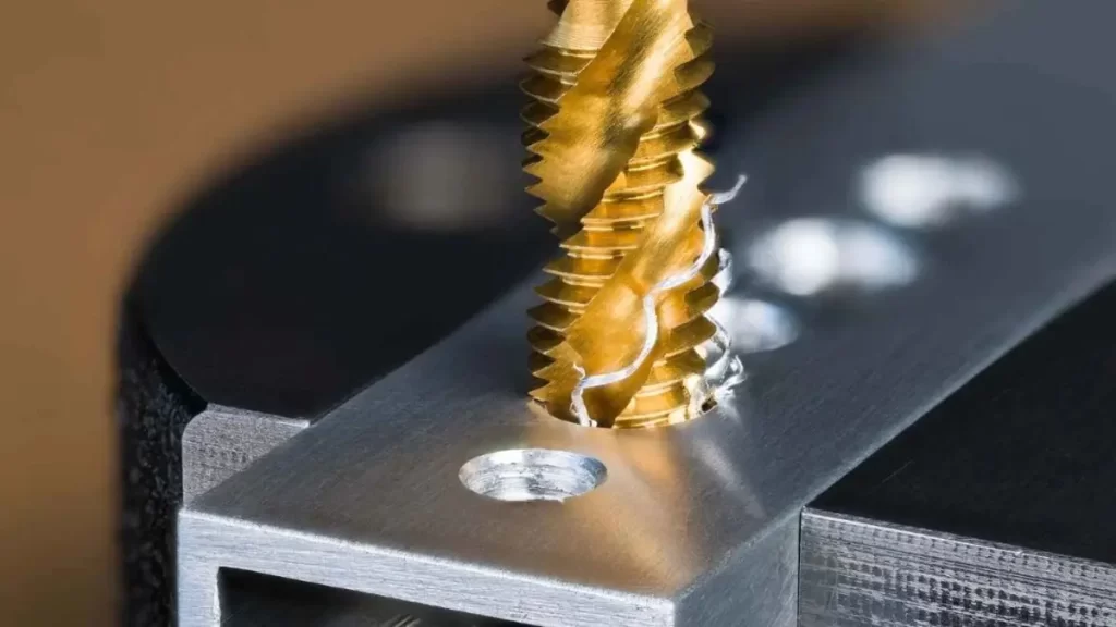 A close-up view of a broken tap inside a workpiece, showing signs of stress and damage. 