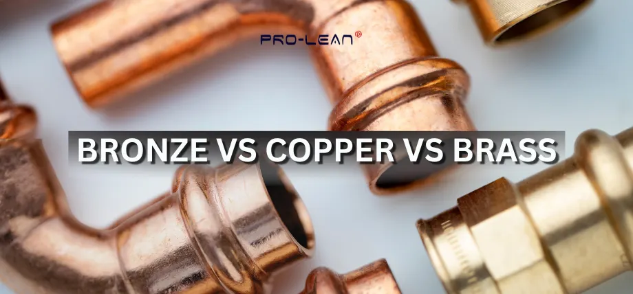 Bronze, copper and brass elbow fittings on a matte background with text “ Bronze vs copper vs brass”