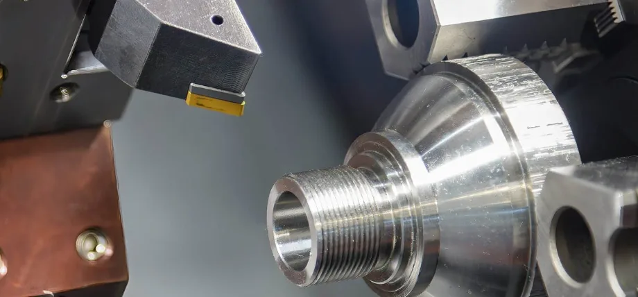 CNC lathe closeup with tool and threaded workpiece in chuck