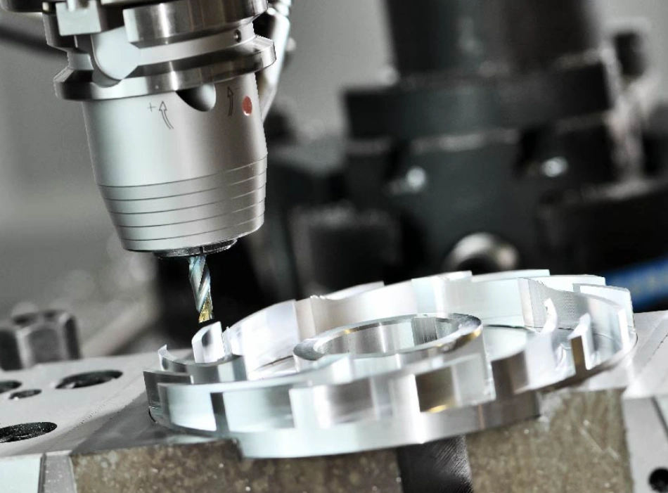 A closeup of a CNC machine milling a 6061 aluminum part