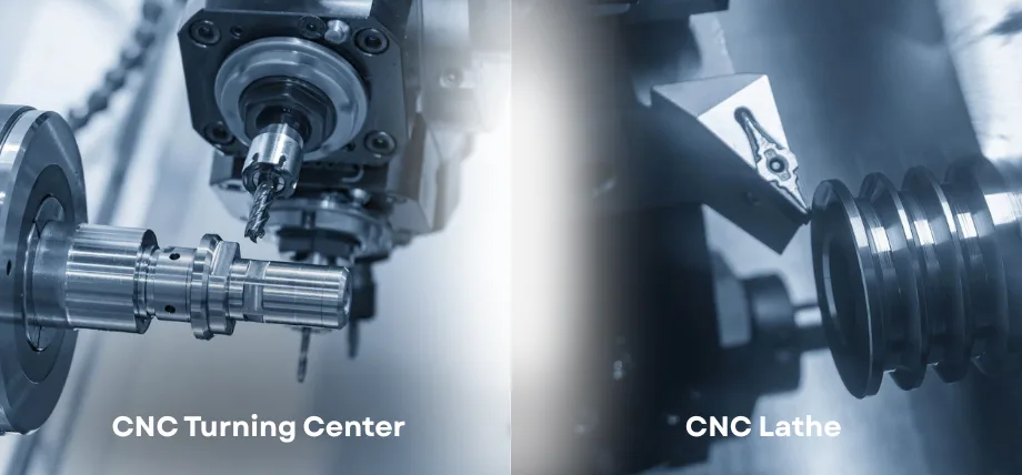 CNC turning center vs CNC lathe split image with text “CNC turning center” and “cnc lathe”