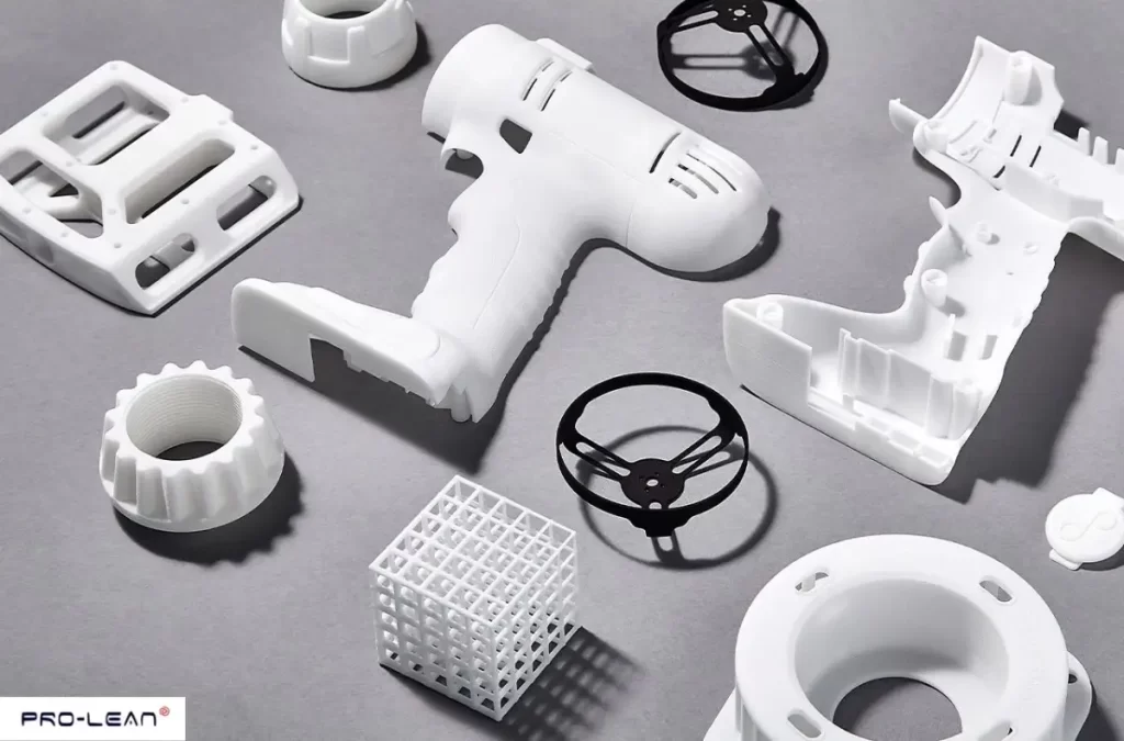 White and black 3D printed parts showcasing copolymer customization.