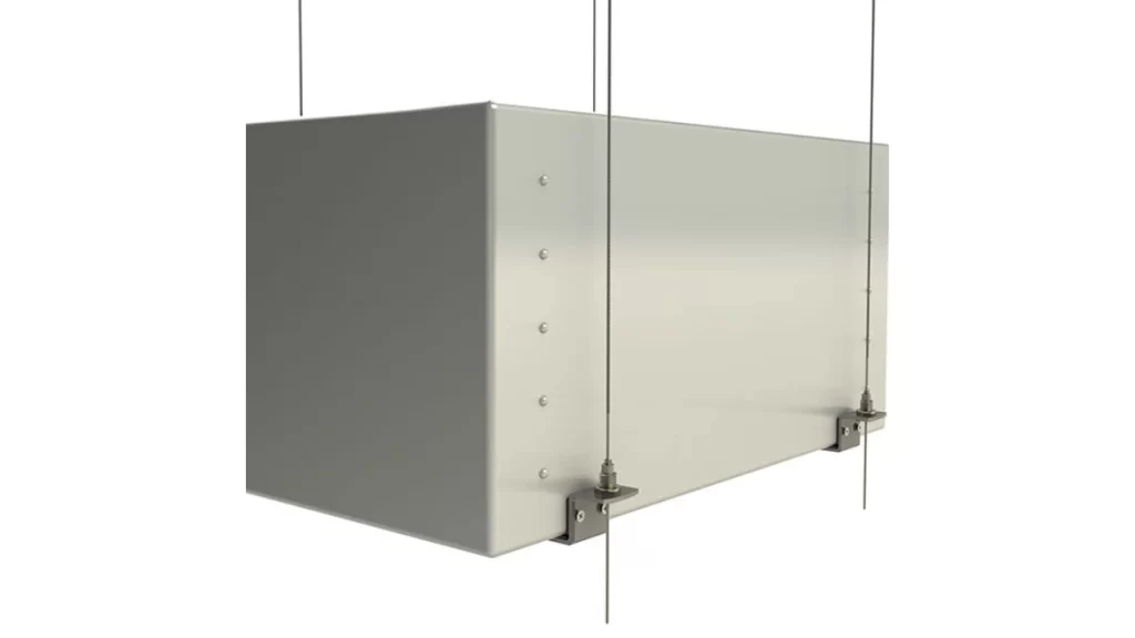 The image shows an HVAC duct hanger securely supporting a metal duct.