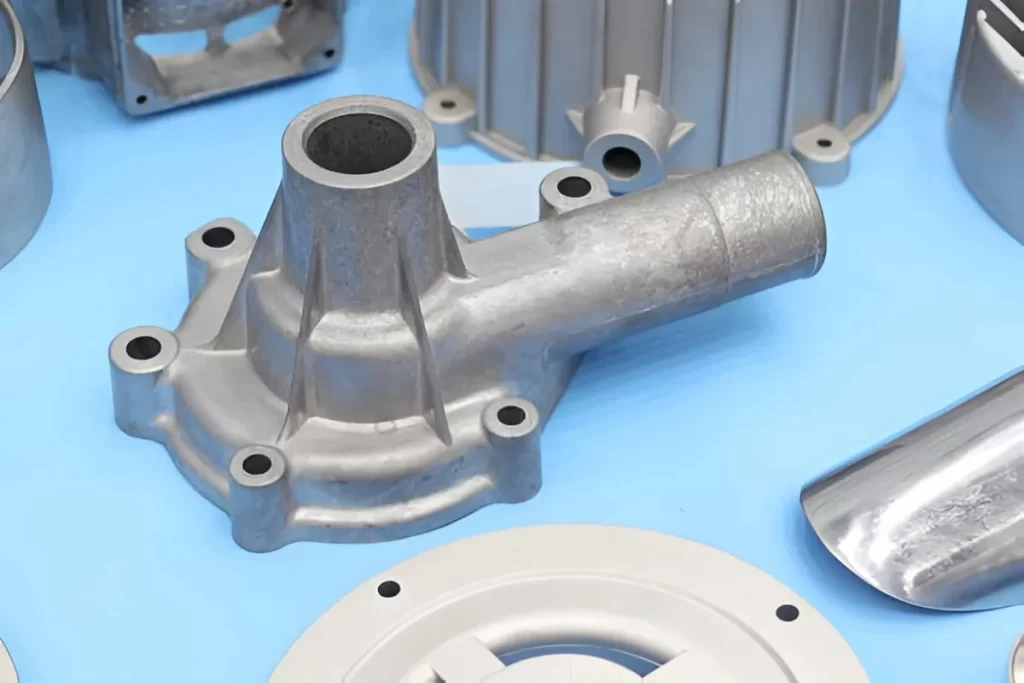 High pressure die casting parts used in automotive applications are displayed on a surface.