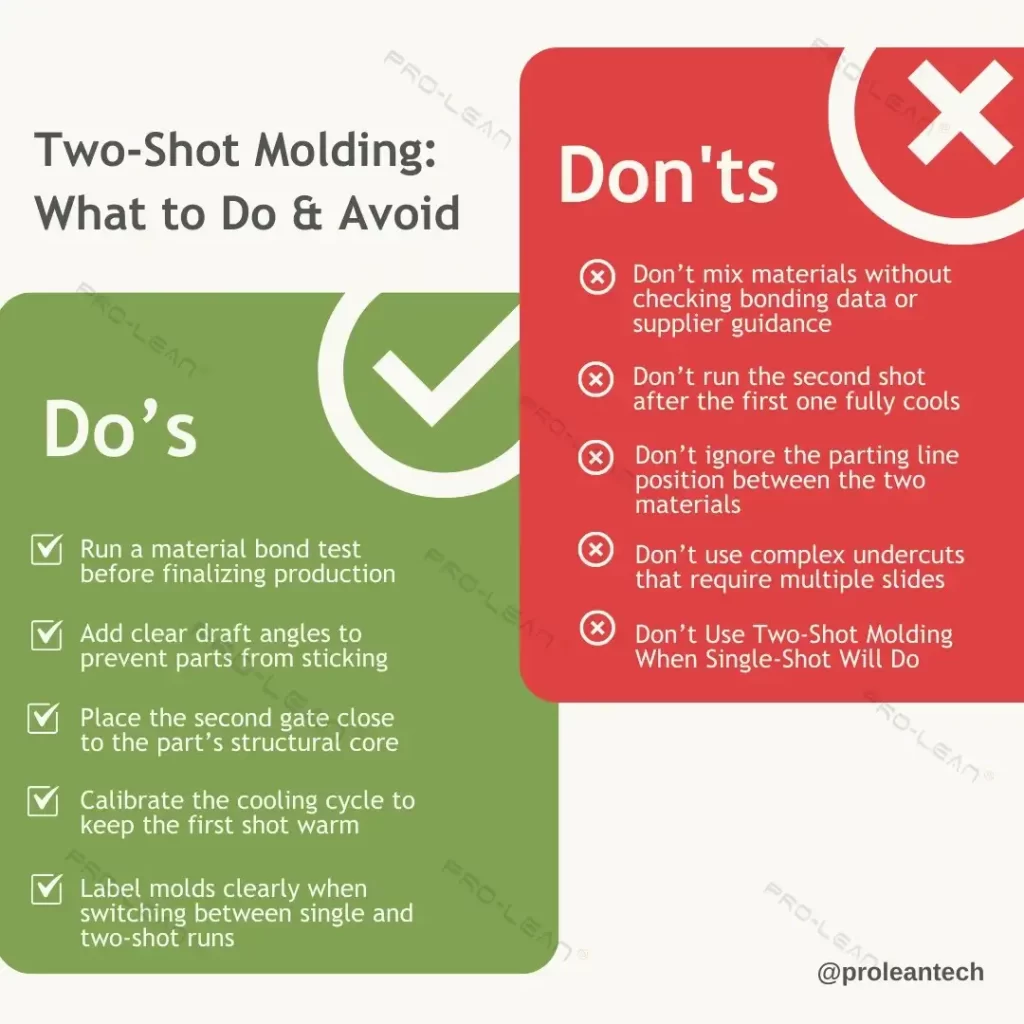 Infographic showing the do’s and don’ts of two-shot molding, with clear guidelines.