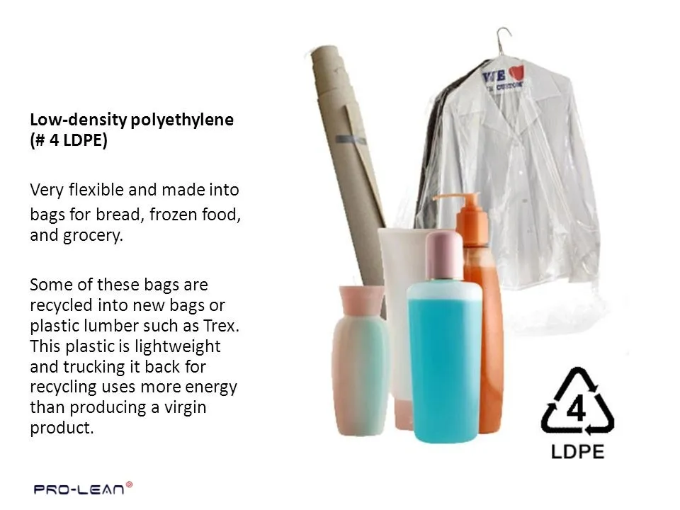 Flexible LDPE products: bags, bottles, garment cover.