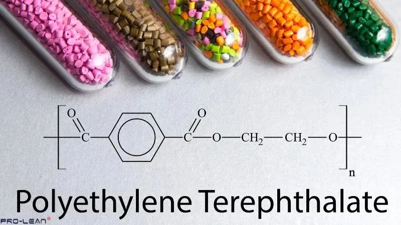 Colorful PET pellets and its chemical formula.