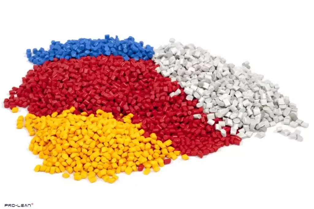 Piles of blue, red, yellow, and white Polypropylene pellets.