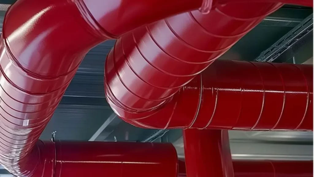 The image shows a ventilation duct with a dark red, powder-coated finish.