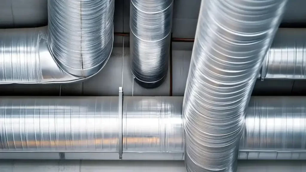 The image features a stainless steel HVAC duct with a shiny, reflective surface. 