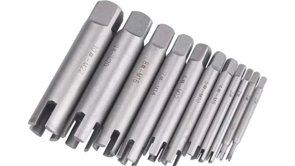 A close-up image of tap extractor tools in varying sizes, neatly arranged side by side. 