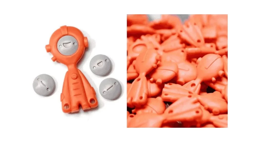 Standard toys made with two-shot injection molding, each in different colors.
