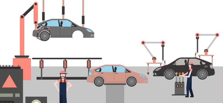 Vector of an overview of the automotive industry with cars and graphics of men and a factory