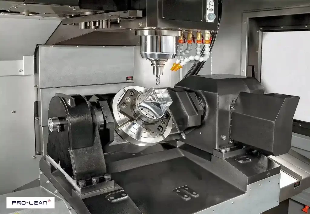 A 5-axis CNC machine is precisely milling a metal workpiece.