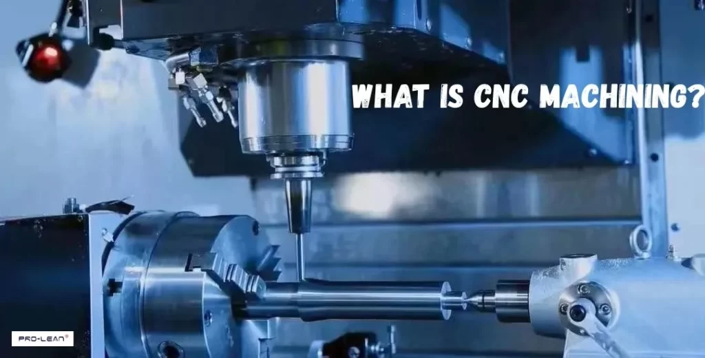 A CNC machine is precisely machining a metal workpiece.