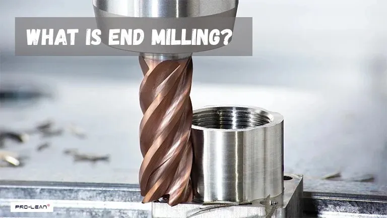 End mill cutting a cylindrical metal workpiece.
