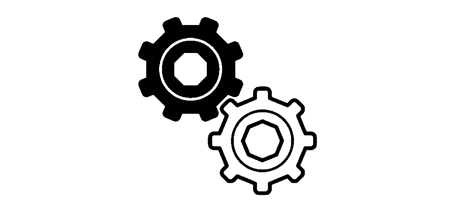 Black and white sketch of gears interacting and moving