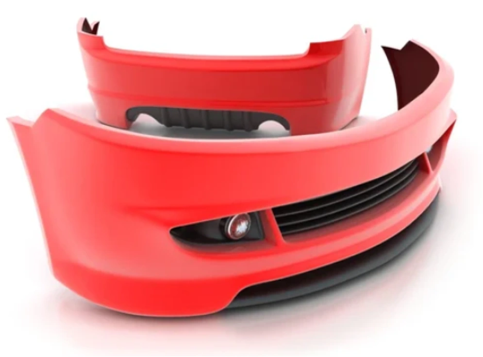 A red car bumper made of polycarbonate material