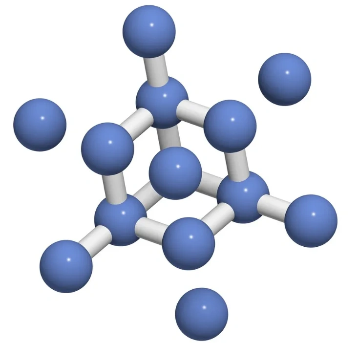 An interconnection of blue balls and white tubes symbolizing the crystal structure of silicon