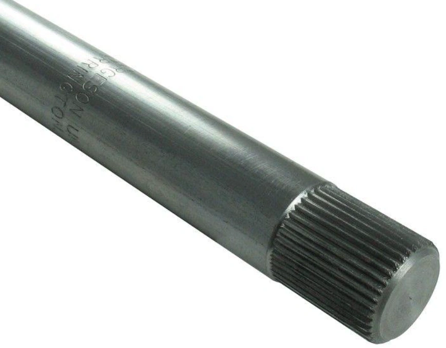 A closeup of a silver stainless steel splined shaft on a white background