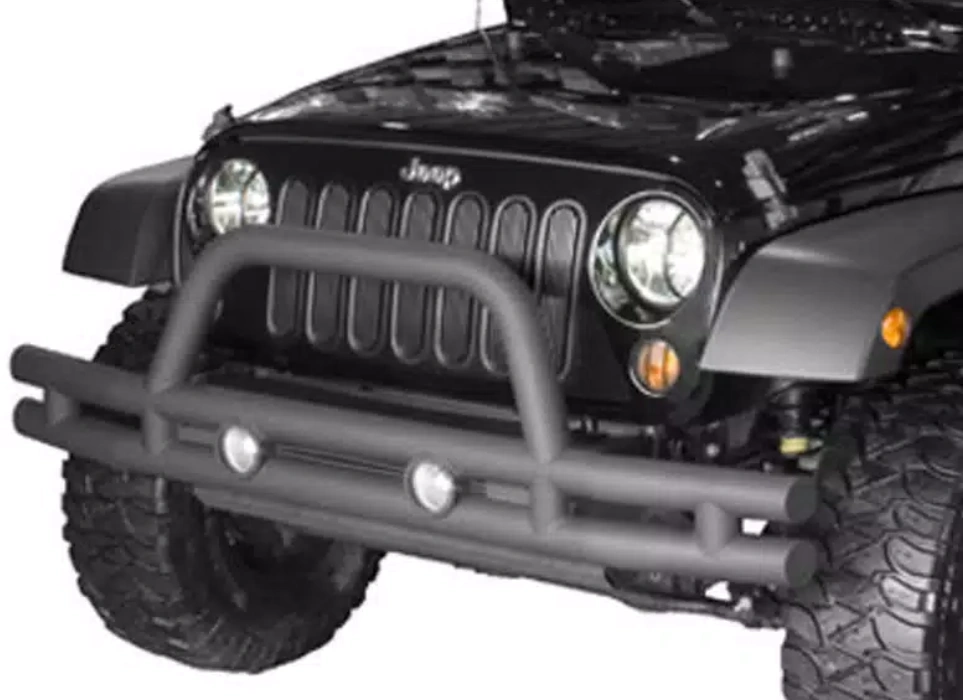 An image of tubular car bumpers on a black Jeep 