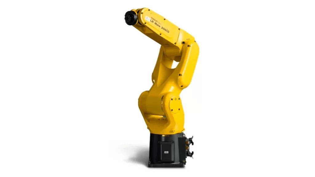 Simple depiction of an articulated robot shown on a white background.