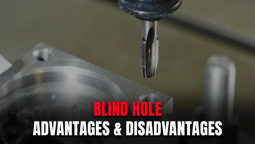 A close-up of a cutting tool positioned above a metal workpiece with a drilled hole.